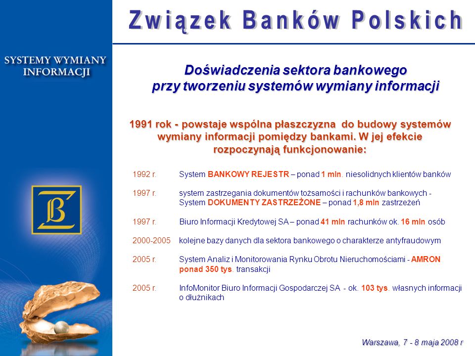Warszawa, maja 2008 r 1992 r. System BANKOWY REJESTR – ponad 1 mln.