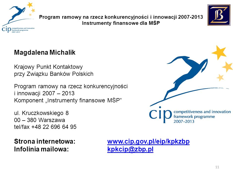Program ramowy na rzecz konkurencyjności i innowacji Instrumenty finansowe dla MŚP 11 Magdalena Michalik Krajowy Punkt Kontaktowy przy Związku Banków Polskich Program ramowy na rzecz konkurencyjności i innowacji 2007 – 2013 Komponent Instrumenty finansowe MŚP ul.
