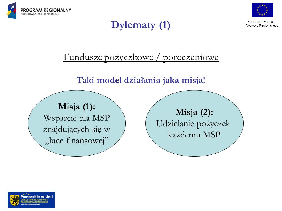 Europejski Fundusz Rozwoju Regionalnego Fundusze pożyczkowe / poręczeniowe Misja (1): Wsparcie dla MSP znajdujących się w luce finansowej Misja (2): Udzielanie pożyczek każdemu MSP Taki model działania jaka misja.