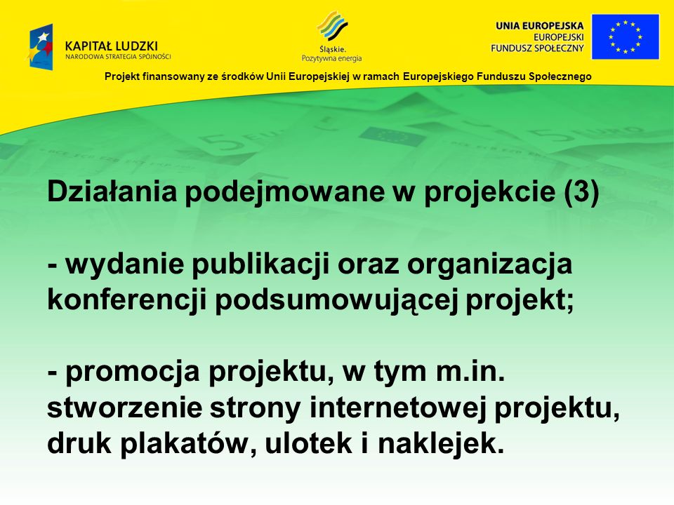 Projekt finansowany ze środków Unii Europejskiej w ramach Europejskiego Funduszu Społecznego Działania podejmowane w projekcie (3) - wydanie publikacji oraz organizacja konferencji podsumowującej projekt; - promocja projektu, w tym m.in.