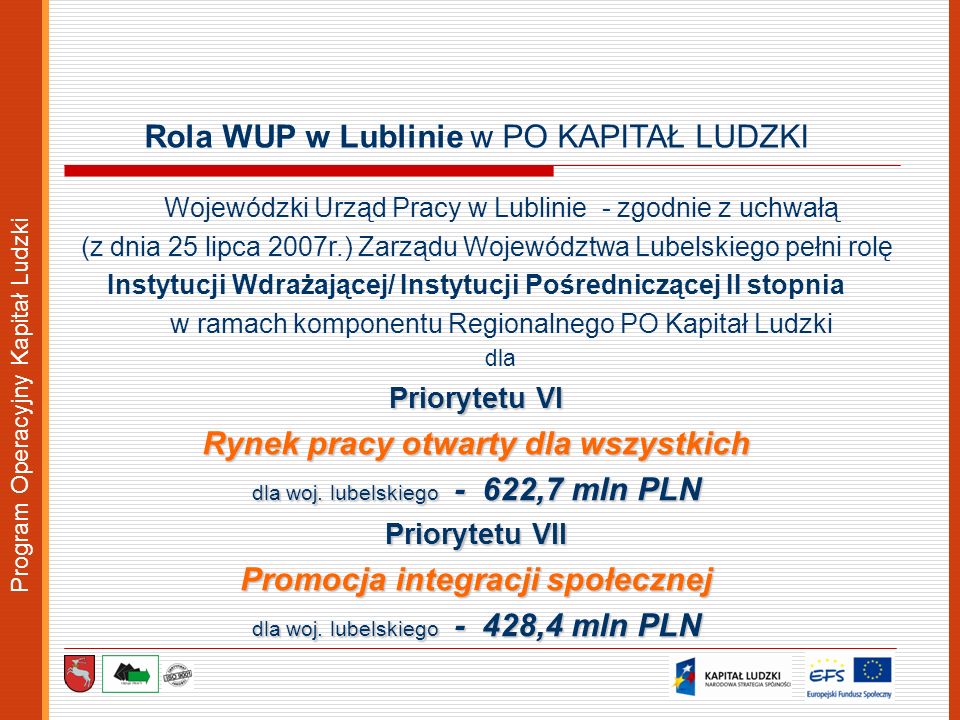 Wojewódzki Urząd Pracy w Lublinie - zgodnie z uchwałą (z dnia 25 lipca 2007r.) Zarządu Województwa Lubelskiego pełni rolę Instytucji Wdrażającej/ Instytucji Pośredniczącej II stopnia w ramach komponentu Regionalnego PO Kapitał Ludzki dla Priorytetu VI Rynek pracy otwarty dla wszystkich dla woj.