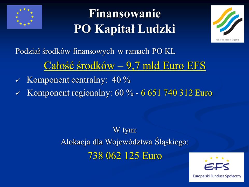Finansowanie PO Kapitał Ludzki Podział środków finansowych w ramach PO KL Całość środków – 9,7 mld Euro EFS Komponent centralny: 40 % Komponent centralny: 40 % Komponent regionalny: 60 % Euro Komponent regionalny: 60 % Euro W tym: Alokacja dla Województwa Śląskiego: Euro