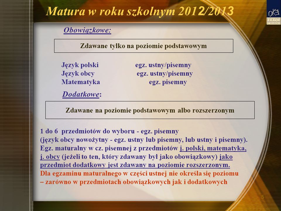 Matura w roku szkolnym /201 3 Obowiązkowe: Język polski egz.