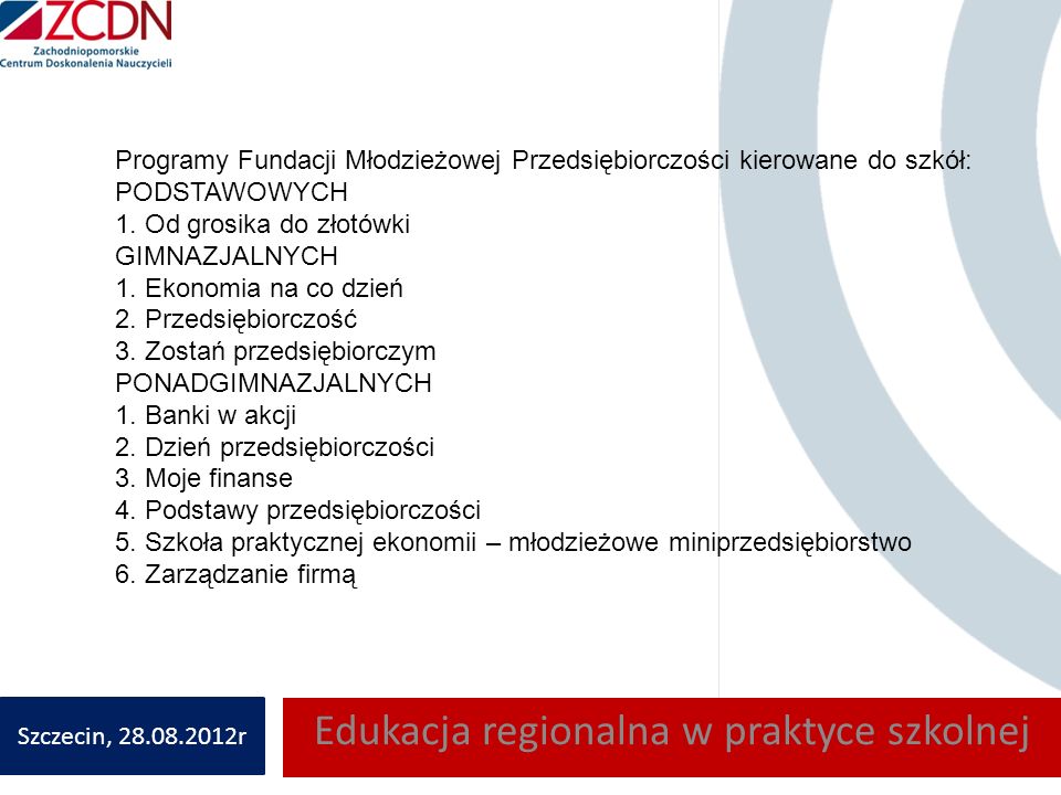 Edukacja regionalna w praktyce szkolnej Szczecin, r Programy Fundacji Młodzieżowej Przedsiębiorczości kierowane do szkół: PODSTAWOWYCH 1.