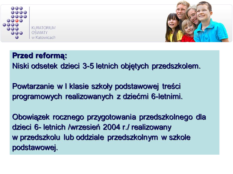 Przed reformą: Niski odsetek dzieci 3-5 letnich objętych przedszkolem.