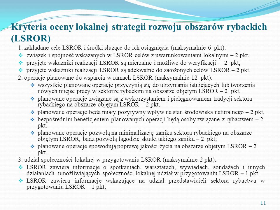 Kryteria oceny lokalnej strategii rozwoju obszarów rybackich (LSROR) 1.