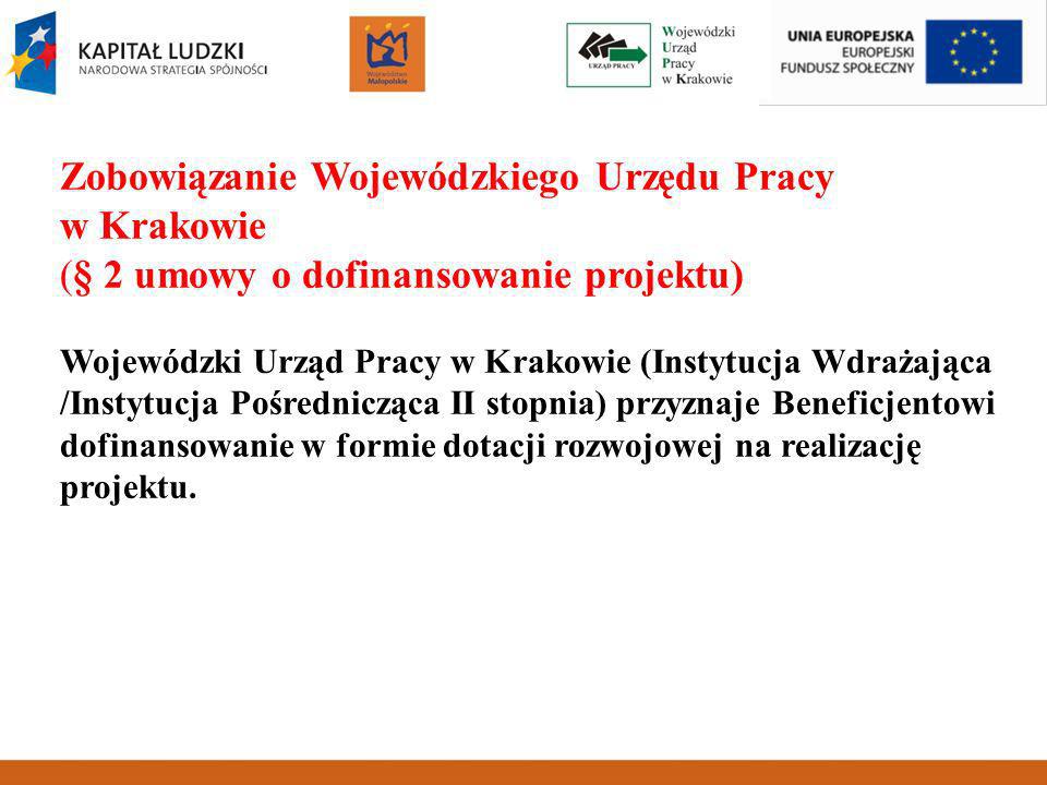 Zobowiązanie Wojewódzkiego Urzędu Pracy w Krakowie (§ 2 umowy o dofinansowanie projektu) Wojewódzki Urząd Pracy w Krakowie (Instytucja Wdrażająca /Instytucja Pośrednicząca II stopnia) przyznaje Beneficjentowi dofinansowanie w formie dotacji rozwojowej na realizację projektu.
