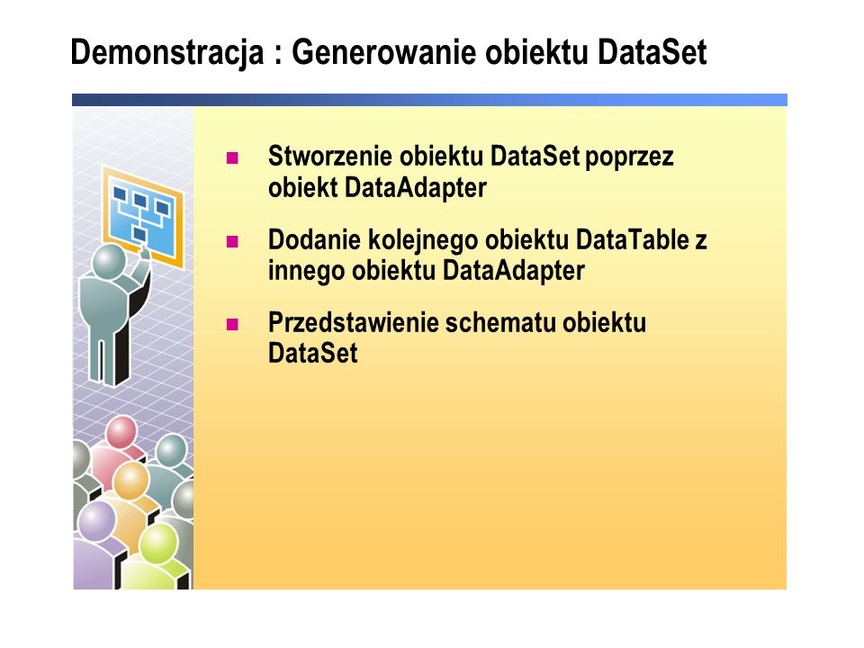 Demonstracja : Generowanie obiektu DataSet Stworzenie obiektu DataSet poprzez obiekt DataAdapter Dodanie kolejnego obiektu DataTable z innego obiektu DataAdapter Przedstawienie schematu obiektu DataSet