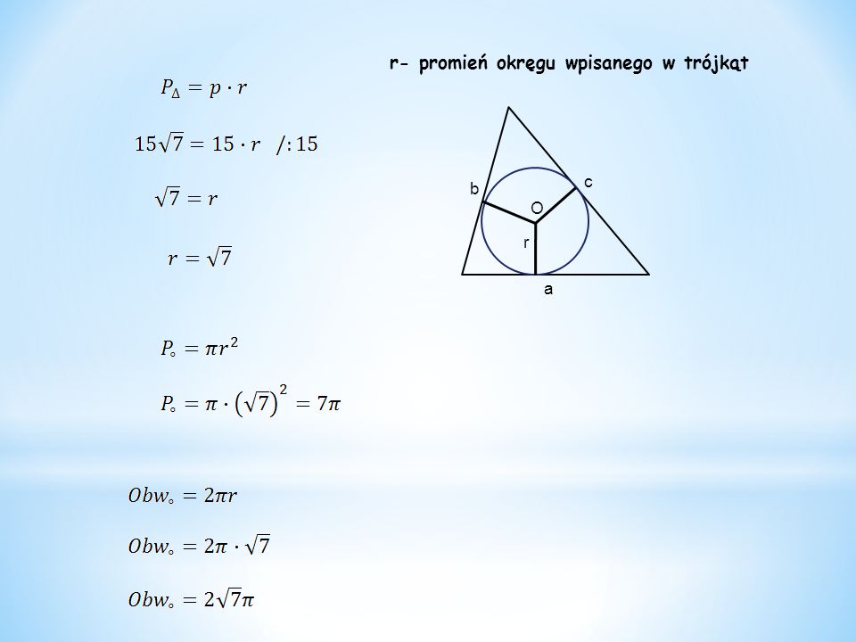 r a c b O r- promień okręgu wpisanego w trójkąt