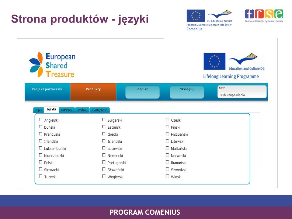 PROGRAM COMENIUS Strona produktów - języki