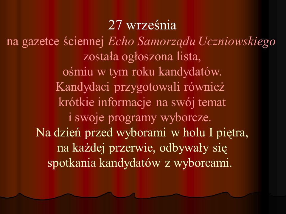 27 września na gazetce ściennej Echo Samorządu Uczniowskiego została ogłoszona lista, ośmiu w tym roku kandydatów.