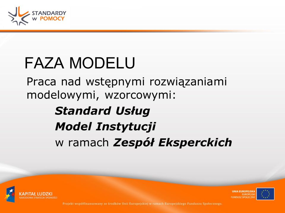 FAZA MODELU Praca nad wstępnymi rozwiązaniami modelowymi, wzorcowymi: Standard Usług Model Instytucji w ramach Zespół Eksperckich