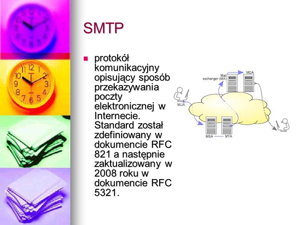 SMTP protokół komunikacyjny opisujący sposób przekazywania poczty elektronicznej w Internecie.