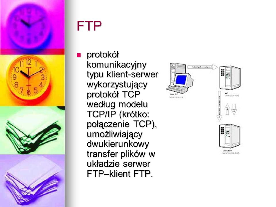 FTP protokół komunikacyjny typu klient-serwer wykorzystujący protokół TCP według modelu TCP/IP (krótko: połączenie TCP), umożliwiający dwukierunkowy transfer plików w układzie serwer FTP–klient FTP.