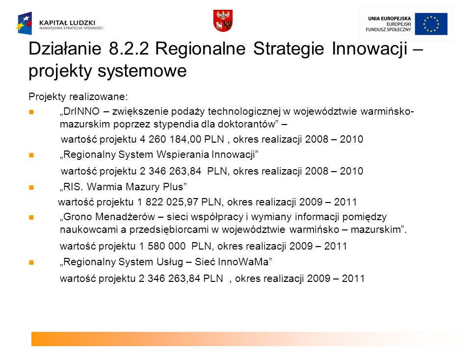 Działanie Regionalne Strategie Innowacji – projekty systemowe Projekty realizowane: DrINNO – zwiększenie podaży technologicznej w województwie warmińsko- mazurskim poprzez stypendia dla doktorantów – wartość projektu ,00 PLN, okres realizacji 2008 – 2010 Regionalny System Wspierania Innowacji wartość projektu ,84 PLN, okres realizacji 2008 – 2010 RIS.