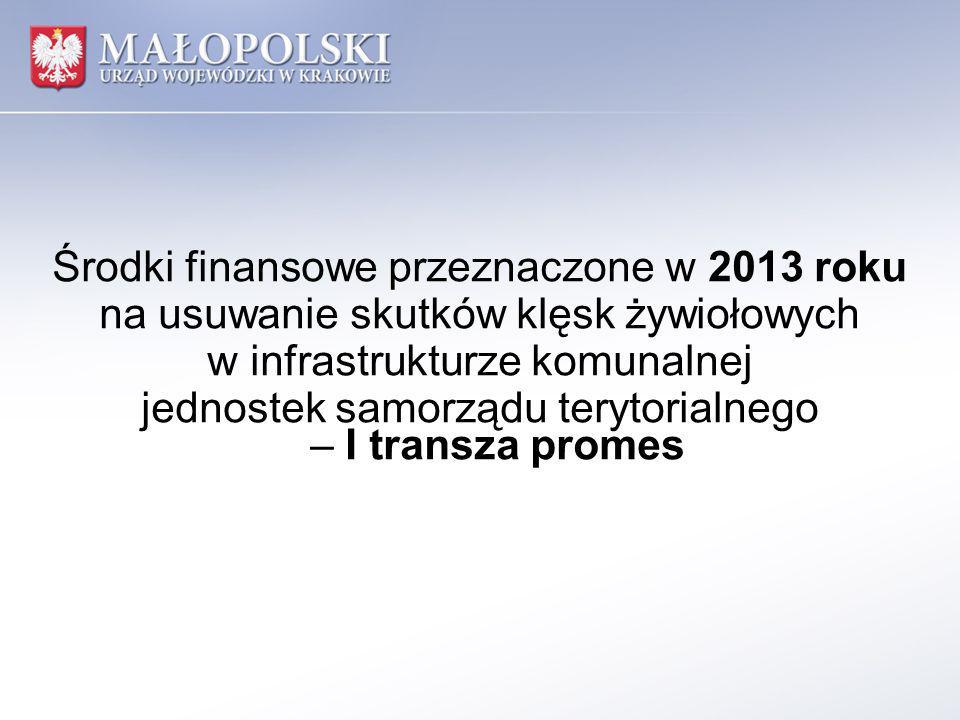 Środki finansowe przeznaczone w 2013 roku na usuwanie skutków klęsk żywiołowych w infrastrukturze komunalnej jednostek samorządu terytorialnego – I transza promes