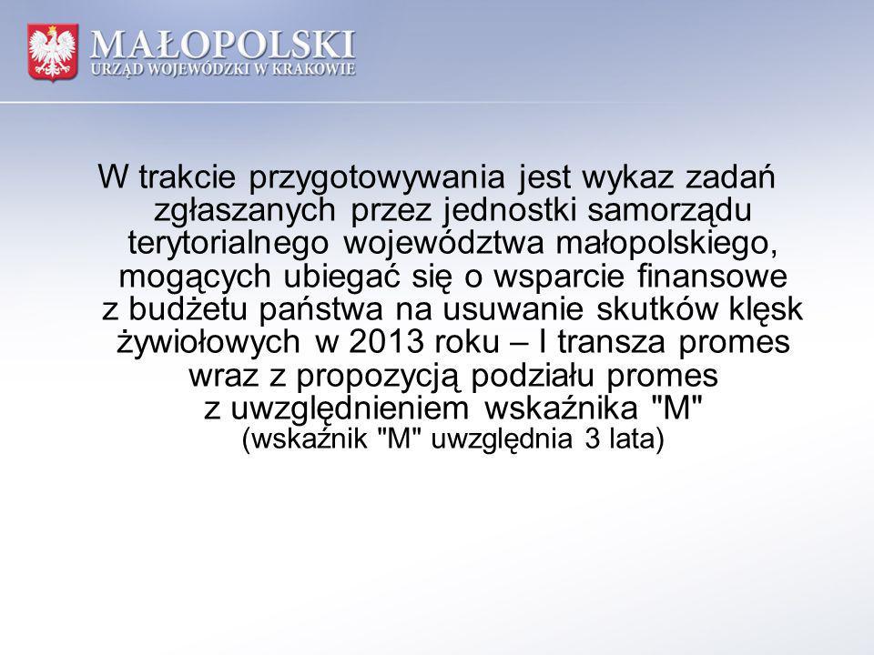 W trakcie przygotowywania jest wykaz zadań zgłaszanych przez jednostki samorządu terytorialnego województwa małopolskiego, mogących ubiegać się o wsparcie finansowe z budżetu państwa na usuwanie skutków klęsk żywiołowych w 2013 roku – I transza promes wraz z propozycją podziału promes z uwzględnieniem wskaźnika M (wskaźnik M uwzględnia 3 lata)