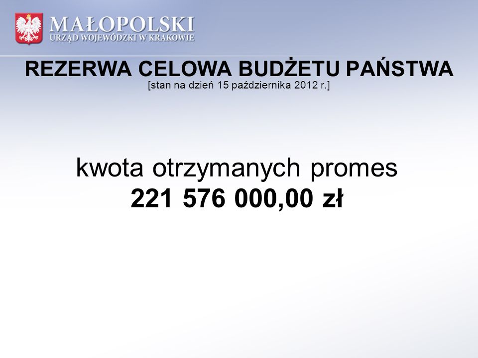 REZERWA CELOWA BUDŻETU PAŃSTWA [stan na dzień 15 października 2012 r.] kwota otrzymanych promes ,00 zł