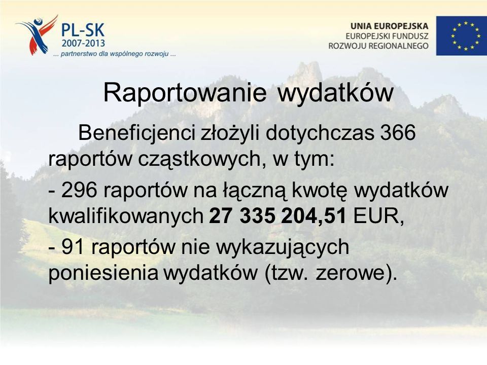 Raportowanie wydatków Beneficjenci złożyli dotychczas 366 raportów cząstkowych, w tym: raportów na łączną kwotę wydatków kwalifikowanych ,51 EUR, - 91 raportów nie wykazujących poniesienia wydatków (tzw.