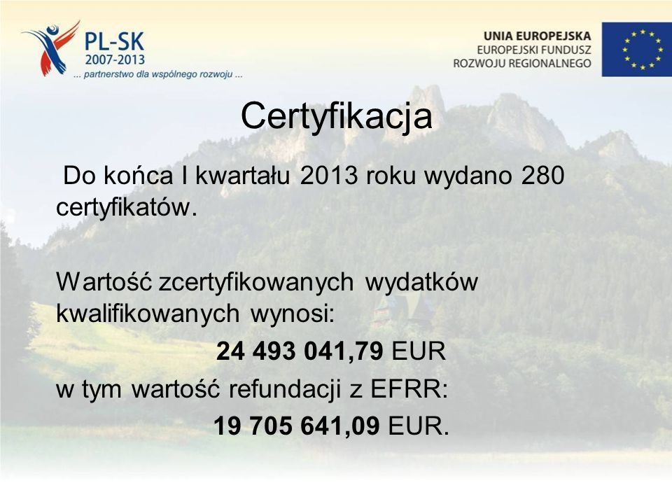 Certyfikacja Do końca I kwartału 2013 roku wydano 280 certyfikatów.