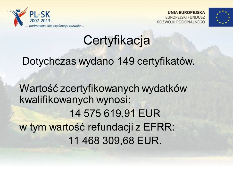 Certyfikacja Dotychczas wydano 149 certyfikatów.