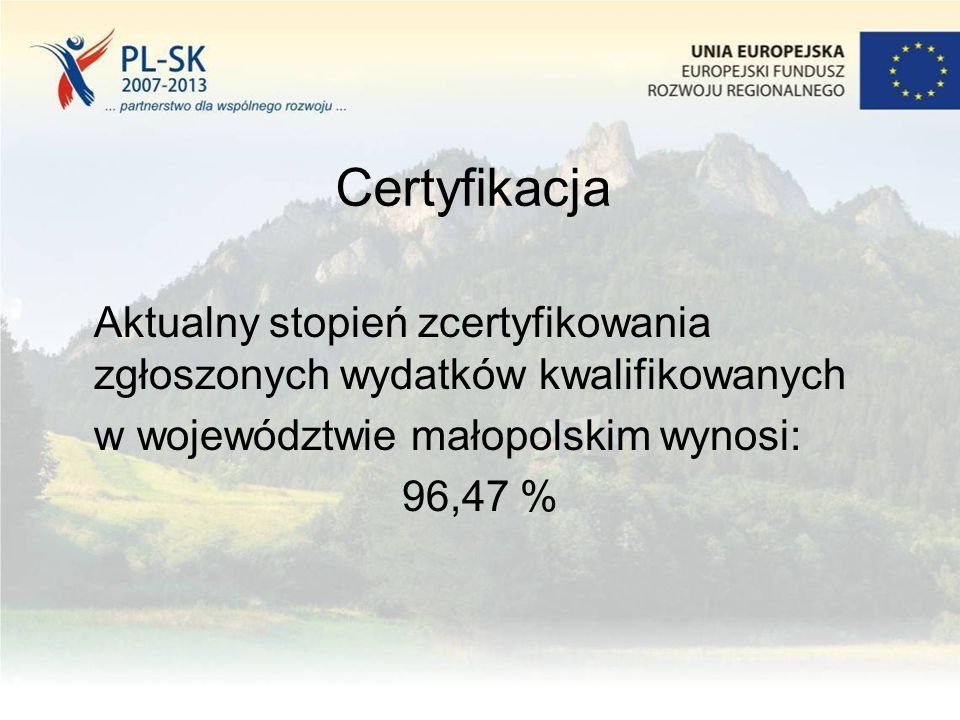 Certyfikacja Aktualny stopień zcertyfikowania zgłoszonych wydatków kwalifikowanych w województwie małopolskim wynosi: 96,47 %