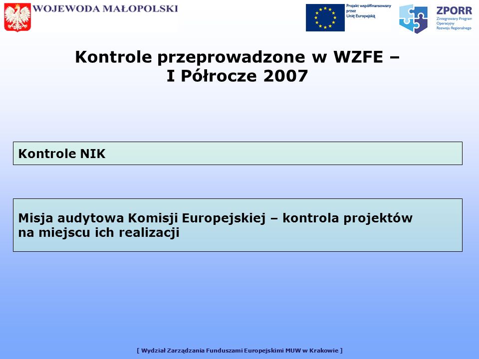 [ Wydział Zarządzania Funduszami Europejskimi MUW w Krakowie ] Kontrole przeprowadzone w WZFE – I Półrocze 2007 Kontrole NIK Misja audytowa Komisji Europejskiej – kontrola projektów na miejscu ich realizacji