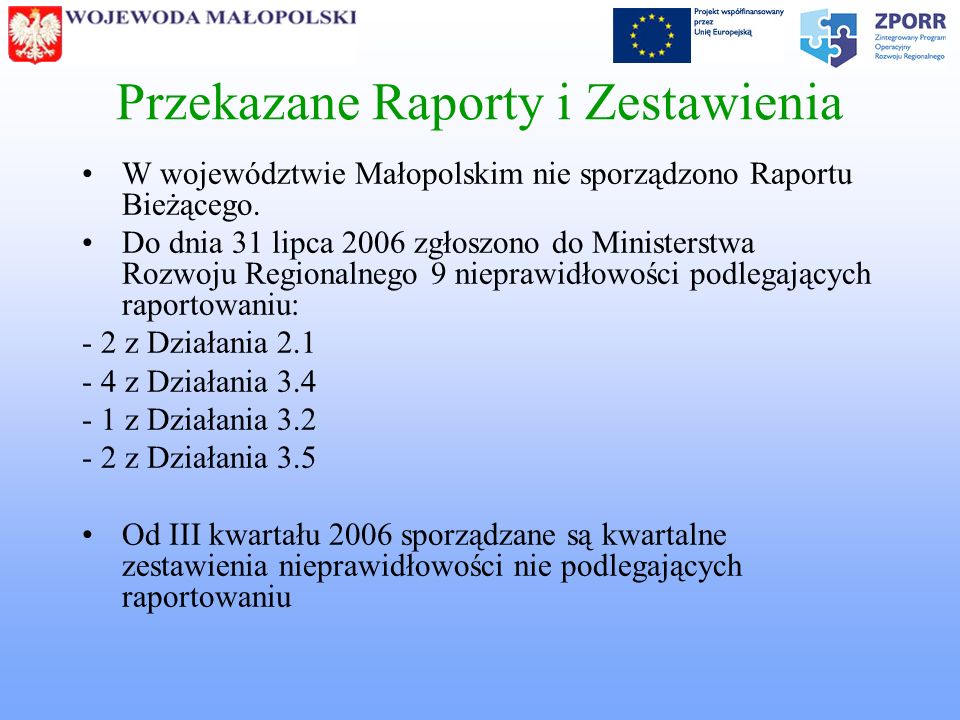 Przekazane Raporty i Zestawienia W województwie Małopolskim nie sporządzono Raportu Bieżącego.