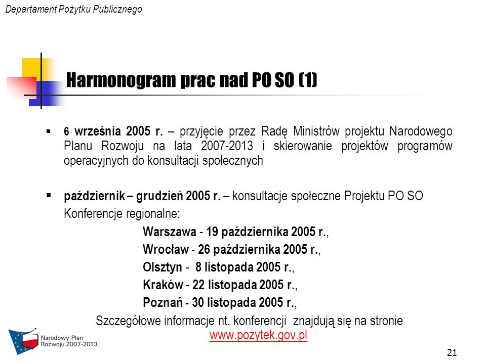 21 Harmonogram prac nad PO SO (1) 6 września 2005 r.