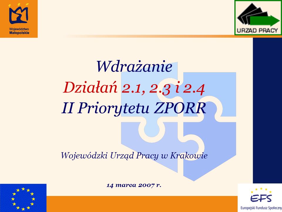 1 Wdrażanie Działań 2.1, 2.3 i 2.4 II Priorytetu ZPORR Wojewódzki Urząd Pracy w Krakowie 14 marca 2007 r.