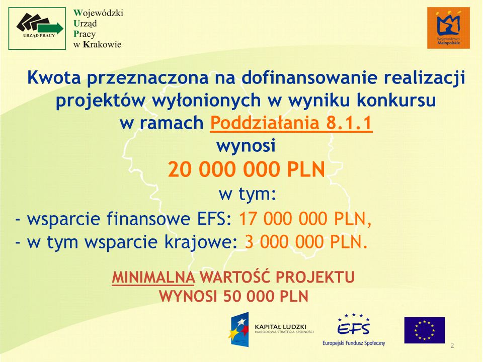 2 Kwota przeznaczona na dofinansowanie realizacji projektów wyłonionych w wyniku konkursu w ramach Poddziałania wynosi PLN w tym: - wsparcie finansowe EFS: PLN, - w tym wsparcie krajowe: PLN.