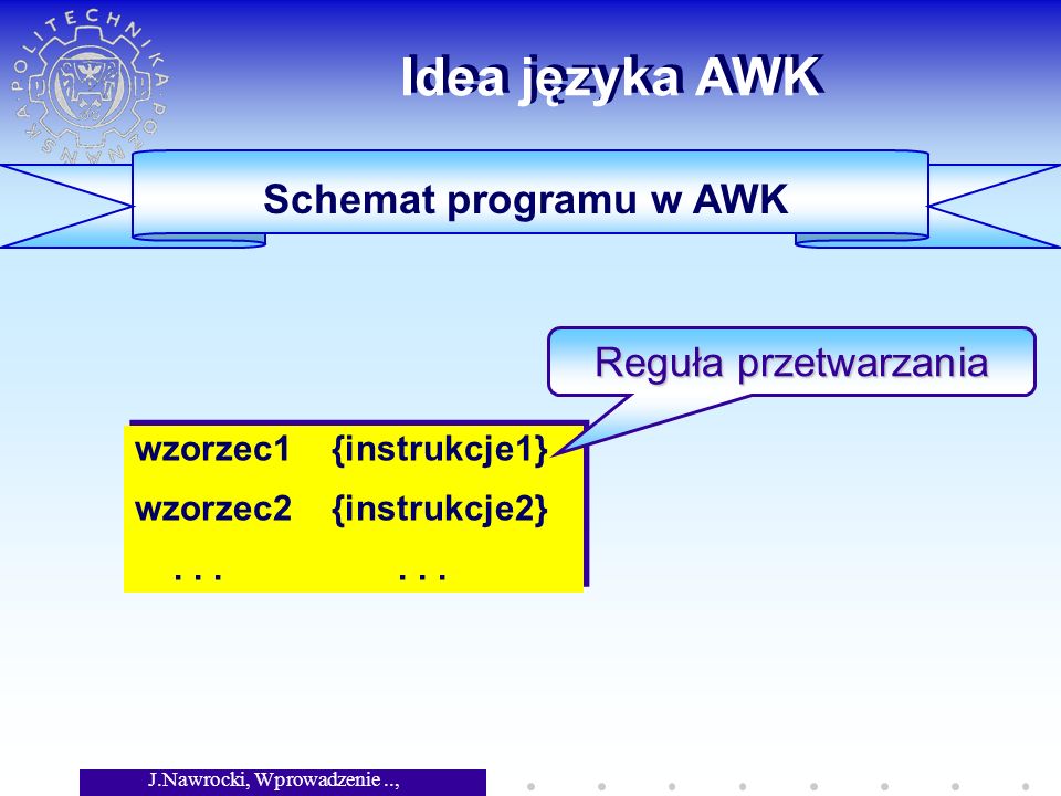 J.Nawrocki, Wprowadzenie.., Wykład 3 Idea języka AWK Schemat programu w AWK wzorzec1 {instrukcje1} wzorzec2 {instrukcje2}......