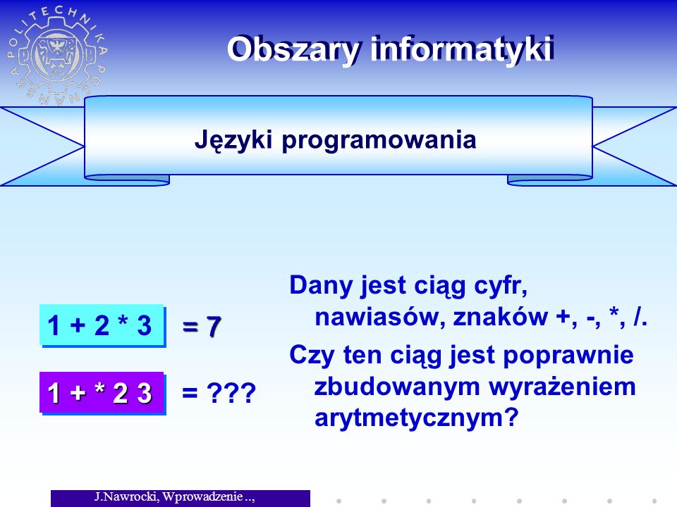 J.Nawrocki, Wprowadzenie.., Wykład 1 Obszary informatyki Dany jest ciąg cyfr, nawiasów, znaków +, -, *, /.