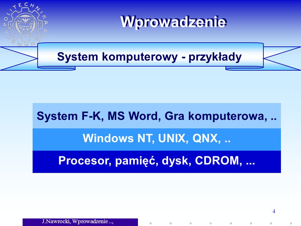 J.Nawrocki, Wprowadzenie.., Wykład 7 4 Sprzęt System operacyjny Oprogramowanie aplikacyjne Wprowadzenie System komputerowy - przykłady Procesor, pamięć, dysk, CDROM,...