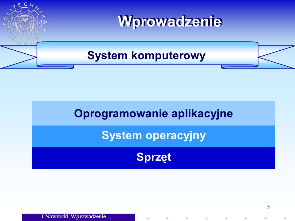 J.Nawrocki, Wprowadzenie.., Wykład 7 3 Wprowadzenie System komputerowy Sprzęt System operacyjny Oprogramowanie aplikacyjne