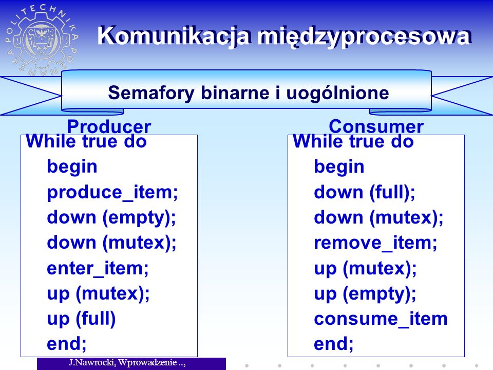 J.Nawrocki, Wprowadzenie.., Wykład 7 41 While true do begin produce_item; down (empty); down (mutex); enter_item; up (mutex); up (full) end; Komunikacja międzyprocesowa Semafory binarne i uogólnione Producer While true do begin down (full); down (mutex); remove_item; up (mutex); up (empty); consume_item end; Consumer