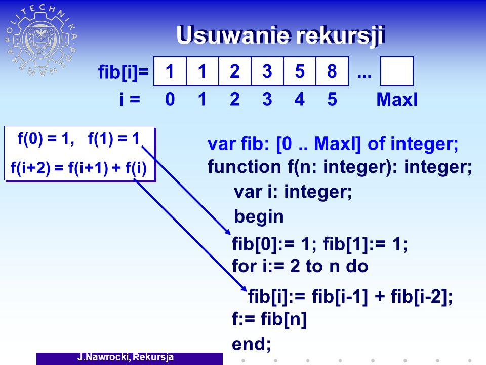 J.Nawrocki, Rekursja Usuwanie rekursji f(0) = 1, f(1) = 1 f(i+2) = f(i+1) + f(i) f(0) = 1, f(1) = 1 f(i+2) = f(i+1) + f(i) fib[i]= i = fib[0]:= 1; fib[1]:= 1; fib[i]:= fib[i-1] + fib[i-2]; var fib: [0..