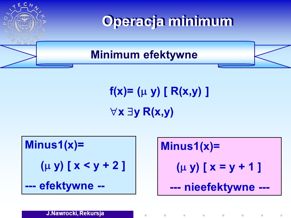 J.Nawrocki, Rekursja Operacja minimum Minus1(x)= ( y) [ x < y + 2 ] --- efektywne -- f(x)= ( y) [ R(x,y) ] x y R(x,y) Minus1(x)= ( y) [ x = y + 1 ] --- nieefektywne --- Minimum efektywne