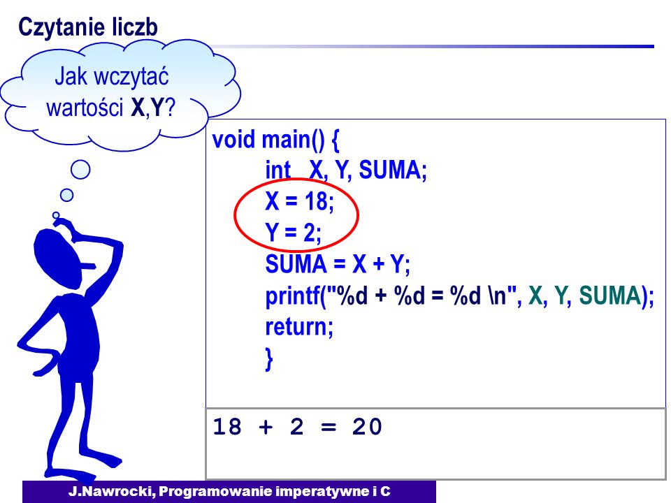 J.Nawrocki, Programowanie imperatywne i C void main() { int X, Y, SUMA; X = 18; Y = 2; SUMA = X + Y; printf( %d + %d = %d \n , X, Y, SUMA); return; } Czytanie liczb = 20 Jak wczytać wartości X, Y