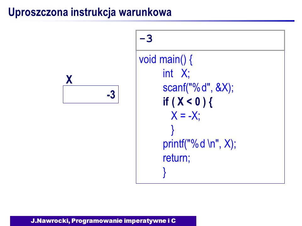 J.Nawrocki, Programowanie imperatywne i C Uproszczona instrukcja warunkowa void main() { int X; scanf( %d , &X); if ( X < 0 ) { X = -X; } printf( %d \n , X); return; } -3 X