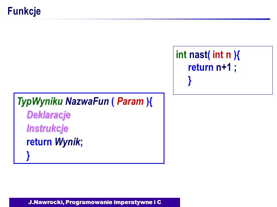 J.Nawrocki, Programowanie imperatywne i C Funkcje TypWyniku NazwaFun ( Param ){ Deklaracje Instrukcje Instrukcje return Wynik ; } int nast( int n ){ return n+1 ; }