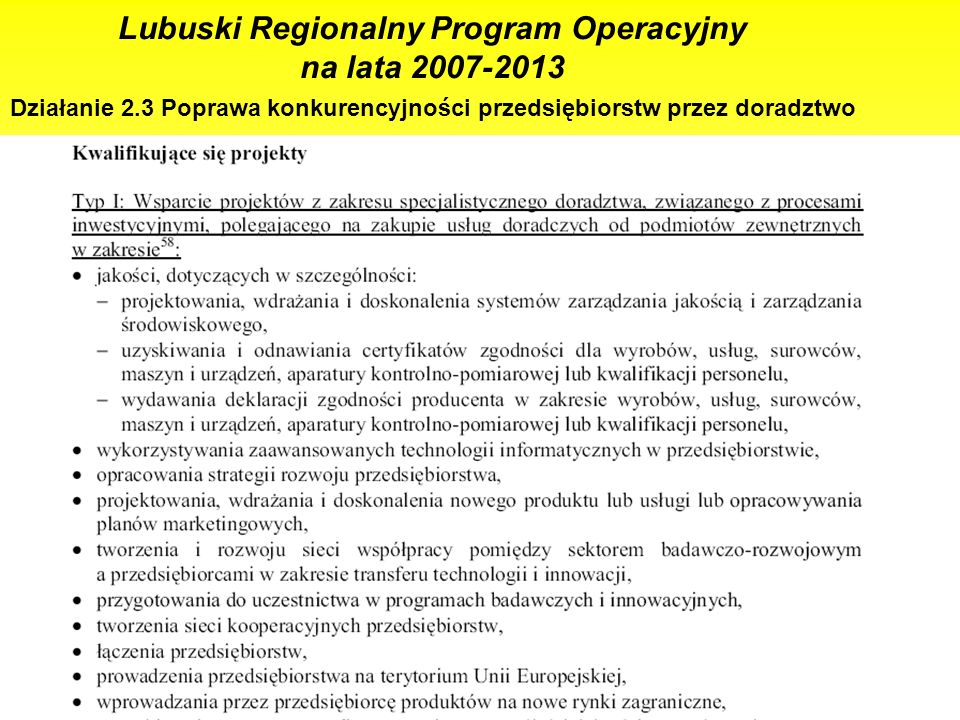 15 Lubuski Regionalny Program Operacyjny na lata Działanie 2.3 Poprawa konkurencyjności przedsiębiorstw przez doradztwo