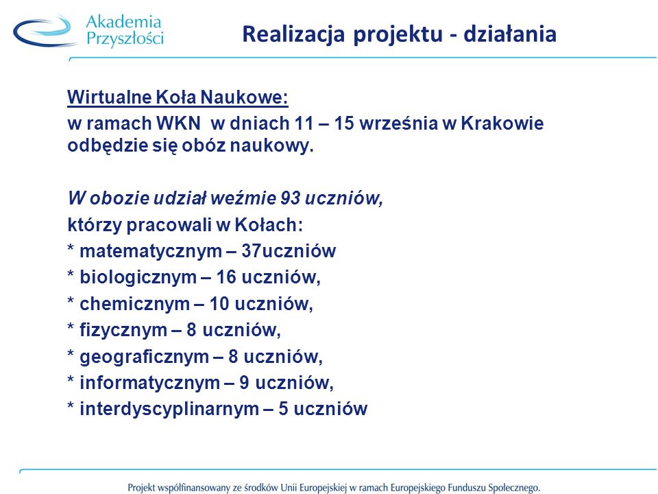 Realizacja projektu - działania Wirtualne Koła Naukowe: w ramach WKN w dniach 11 – 15 września w Krakowie odbędzie się obóz naukowy.
