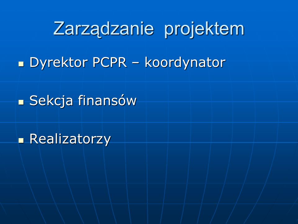 Zarządzanie projektem Dyrektor PCPR – koordynator Dyrektor PCPR – koordynator Sekcja finansów Sekcja finansów Realizatorzy Realizatorzy