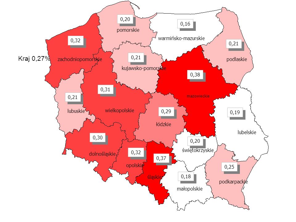 Dostępność do doradców Kraj 0,27% 0,32 0,20 0,16 0,21 0,38 0,21 0,31 0,21 0,19 0,29 0,30 0,32 0,37 0,18 0,20 0,25 dolnośląskie wielkopolskie kujawsko-pomorskie mazowieckie lubelskie lubuskie małopolskie podkarpackie podlaskie świętokrzyskie śląskie zachodniopomorskie pomorskie warmińsko-mazurskie opolskie łódzkie
