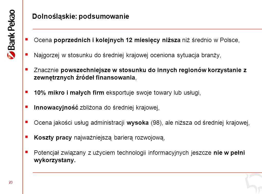 22 Praktyczne kwestie wykorzystania technologii informacyjnych w mikro i małych firmach – 6 analiz w Raporcie Nowe technologie informacyjne w zarządzaniu mikro i małymi firmami (Polska Izba Gospodarcza Zaawansowanych Technologii) Rynek IT w Polsce i perspektywy jego rozwoju (Bank Pekao SA) Aspekty prawne prowadzenia sprzedaży i promocji w Internecie (dLK Korus Okoń Radcowie Prawni sp.p.) Tworzenie i zarządzanie stroną internetową (home.pl) Promocja mikro i małej firmy w Internecie (Google Polska) Bankowość elektroniczna dla firm (Bank Pekao SA)