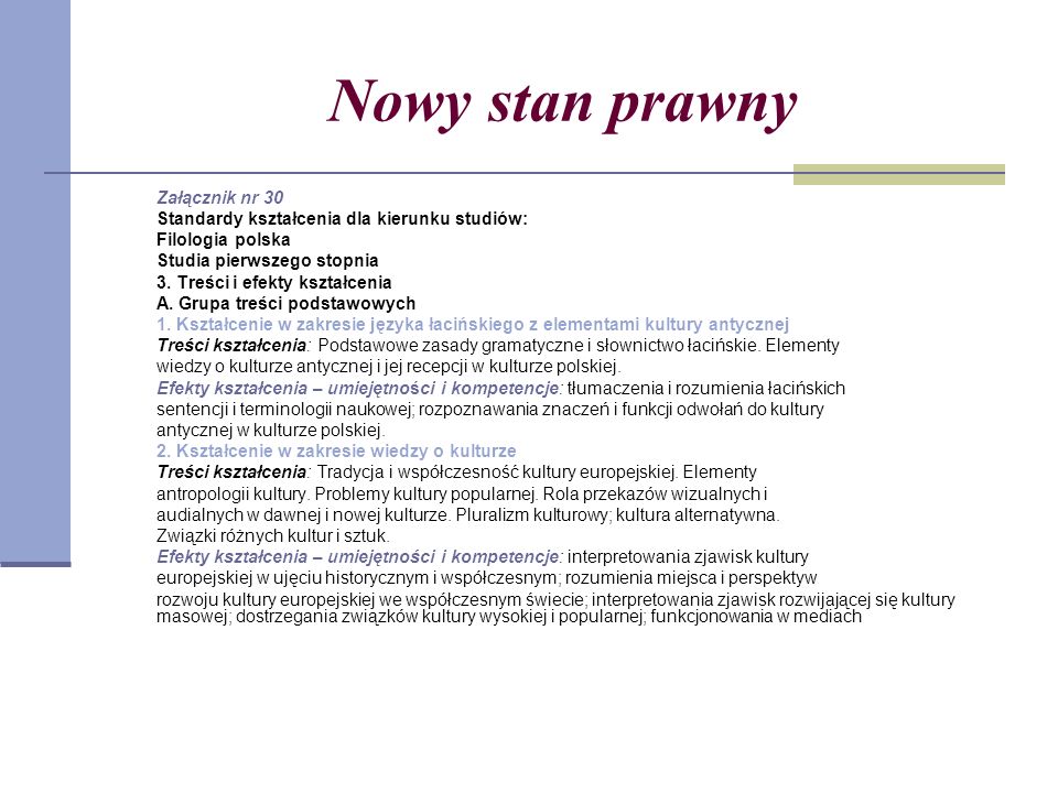 Nowy stan prawny Załącznik nr 30 Standardy kształcenia dla kierunku studiów: Filologia polska Studia pierwszego stopnia 3.
