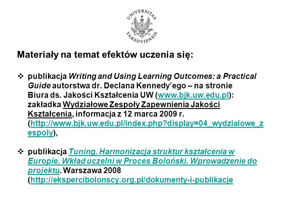Materiały na temat efektów uczenia się: publikacja Writing and Using Learning Outcomes: a Practical Guide autorstwa dr.