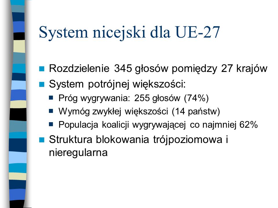 System nicejski dla UE-27 Rozdzielenie 345 głosów pomiędzy 27 krajów System potrójnej większości: Próg wygrywania: 255 głosów (74%) Wymóg zwykłej większości (14 państw) Populacja koalicji wygrywającej co najmniej 62% Struktura blokowania trójpoziomowa i nieregularna
