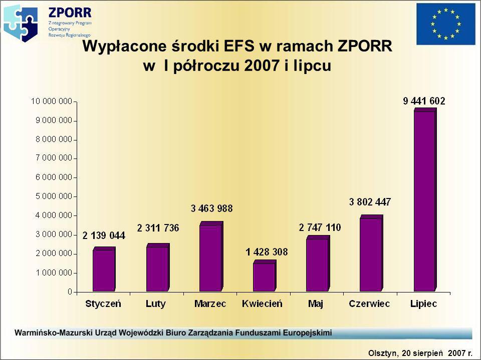 Wypłacone środki EFS w ramach ZPORR w I półroczu 2007 i lipcu Olsztyn, 20 sierpień 2007 r.